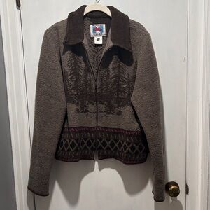 WOODED RIVER wool blend zip jacket with bear nature scene